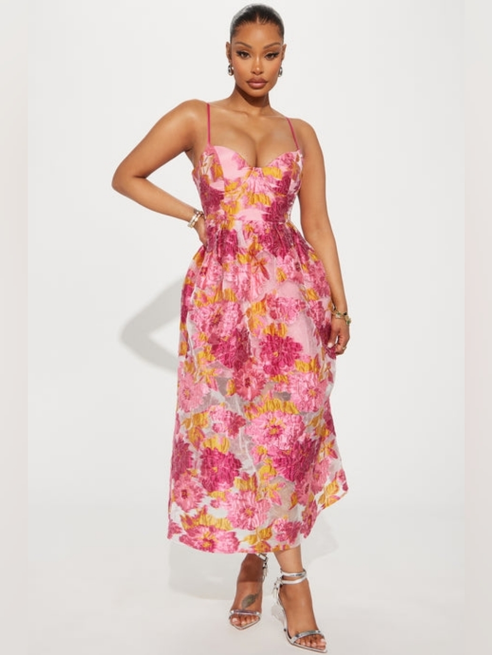 NWT Fashion Nova Flower Bed Floral Midi Dress Fuchsia Size L